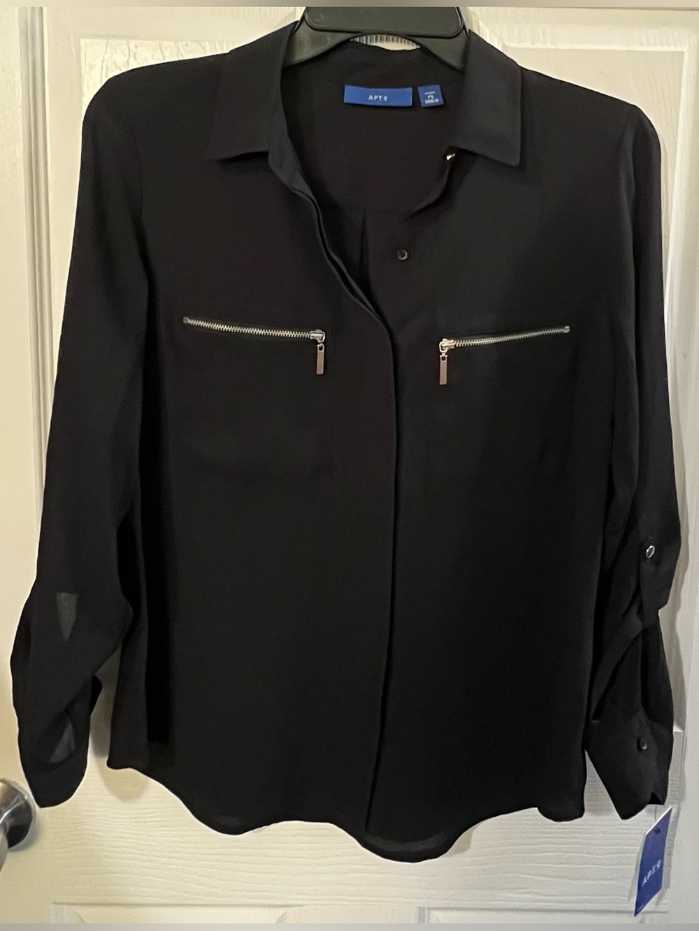 Apt. 9 Black Long-Sleeve Button up sheer Blouse with Zip Pockets Roll up Sleeves